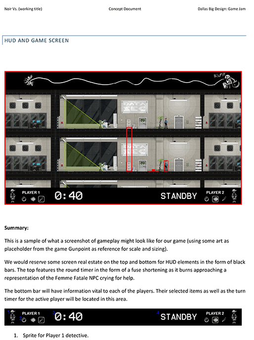Noir VS design document showing the planned HUD and game screen