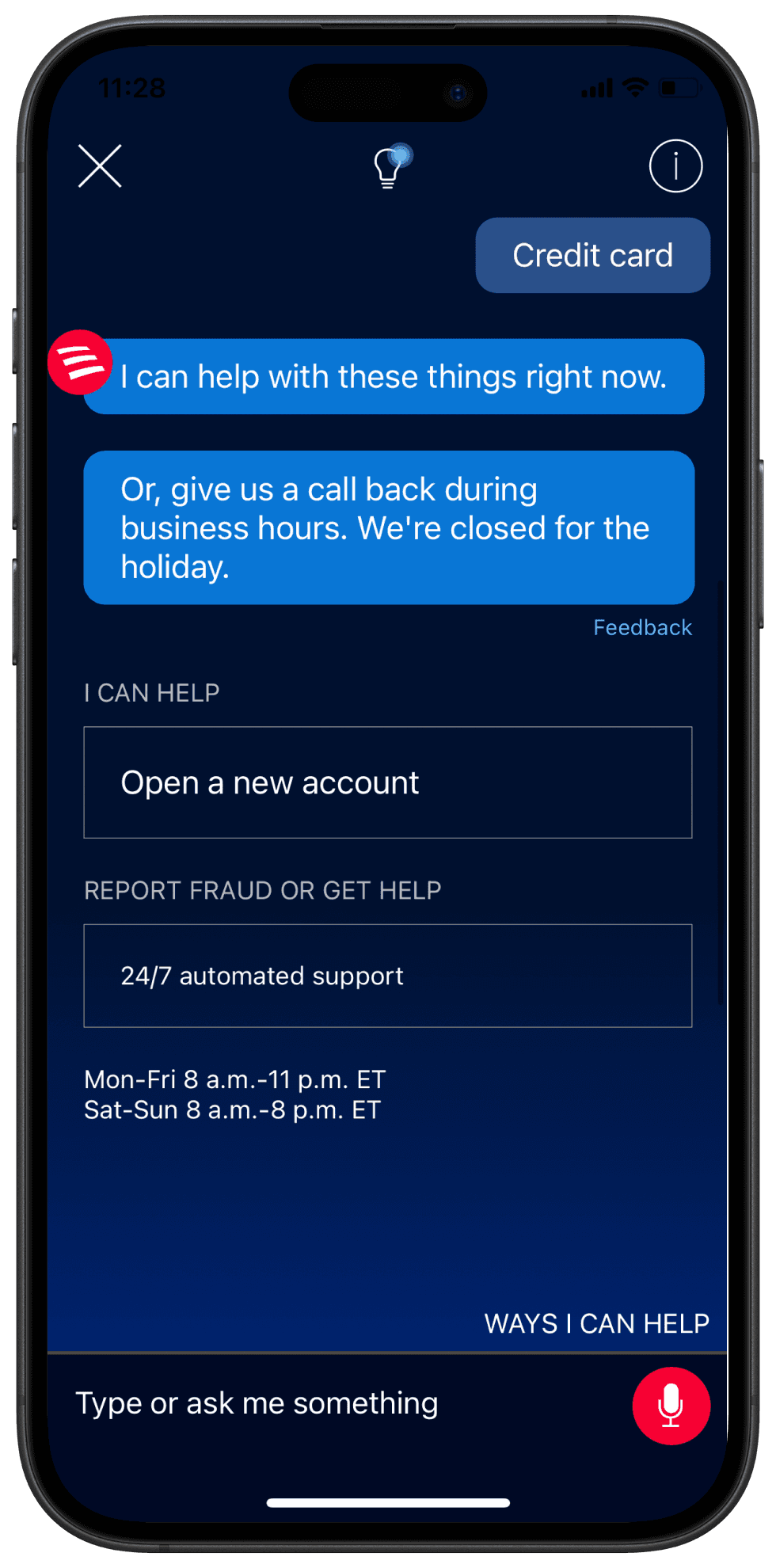 Erica providing self-service options and support information while the call center is closed