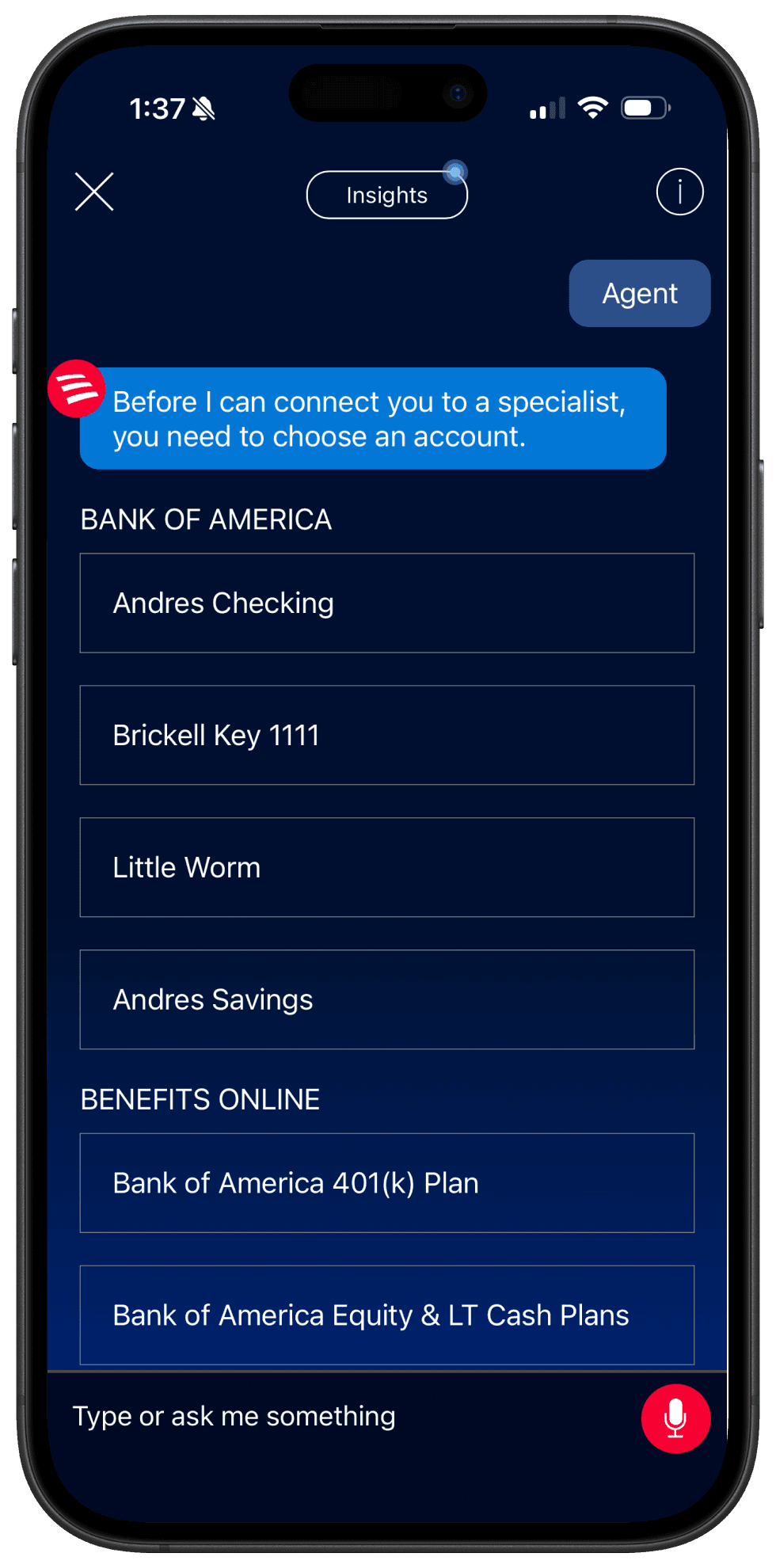 Erica asking a customer to select the account related to their support request