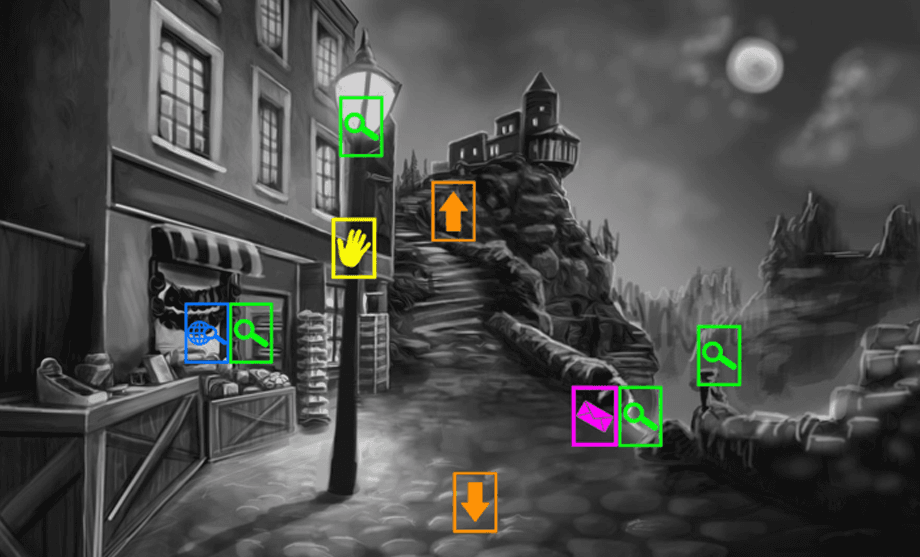 Placeholder environment annotated with navigation, interaction, and story requirements
