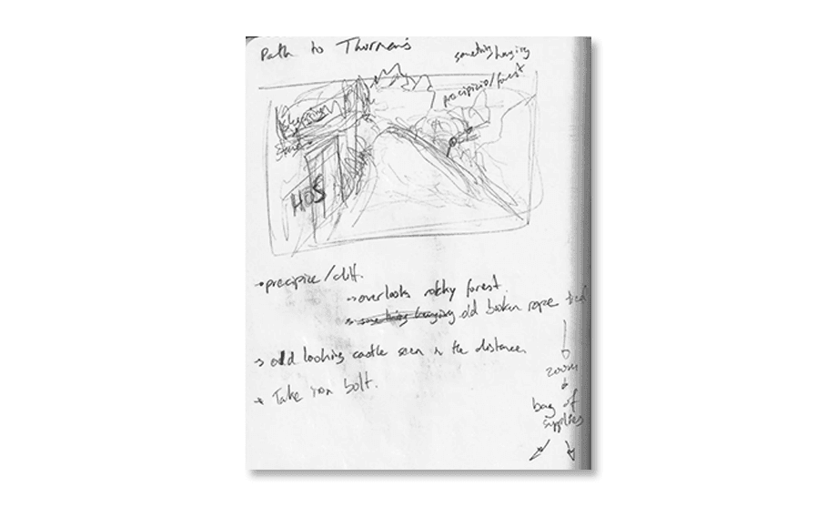 Initial handwritten sketch for the path to Thurman’s mansion