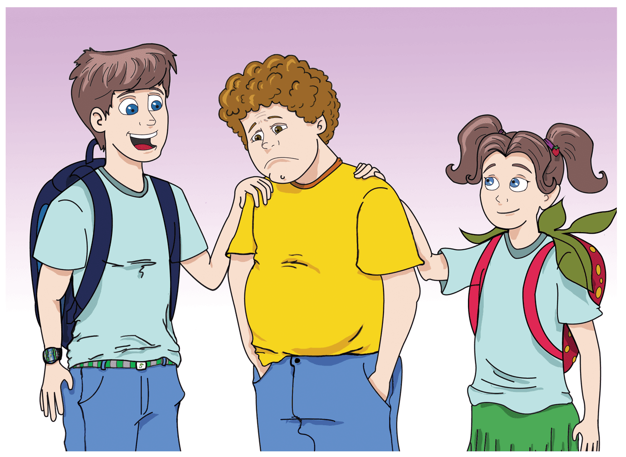 Color character illustration of three school-aged children