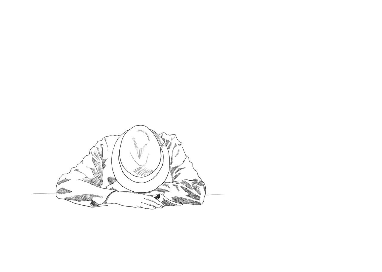 Animated line drawing of a seated man wearing a hat