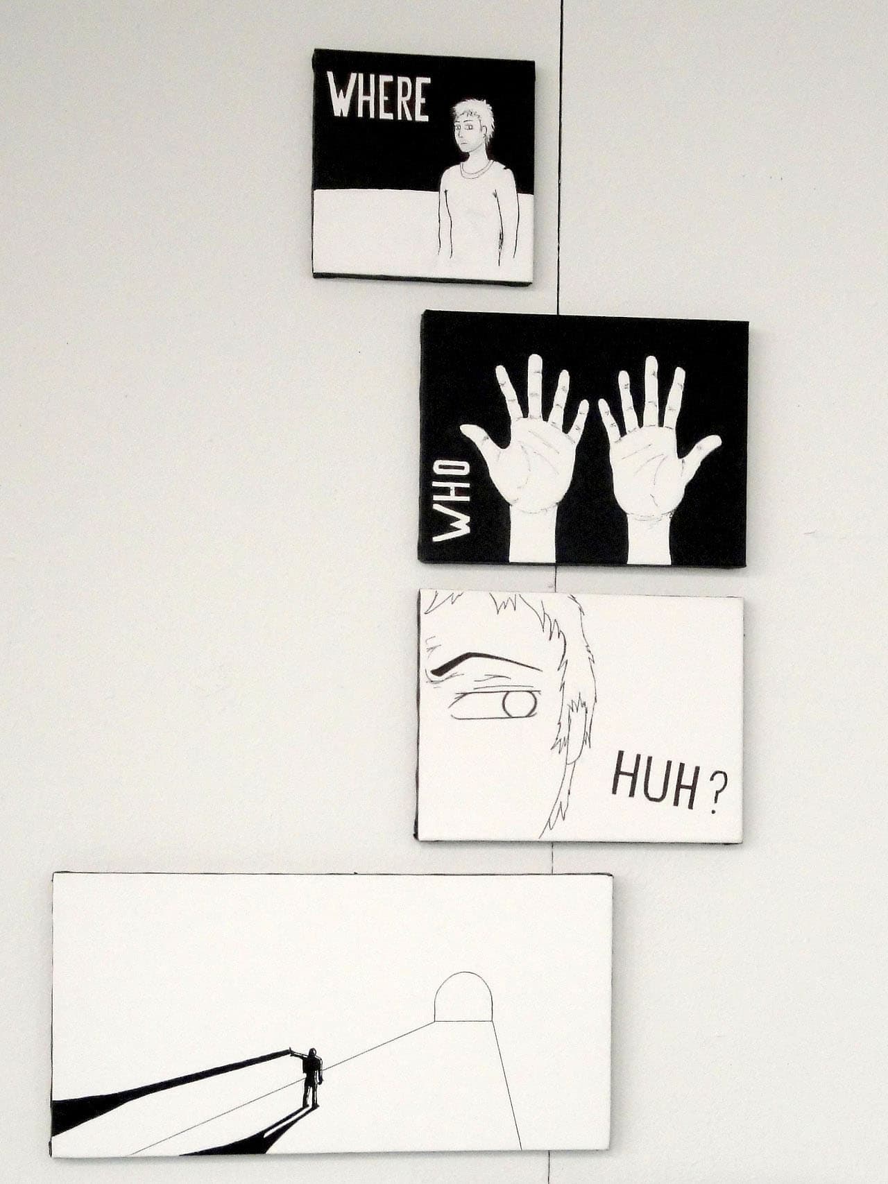 Four sequential comic panels installed vertically on a wall