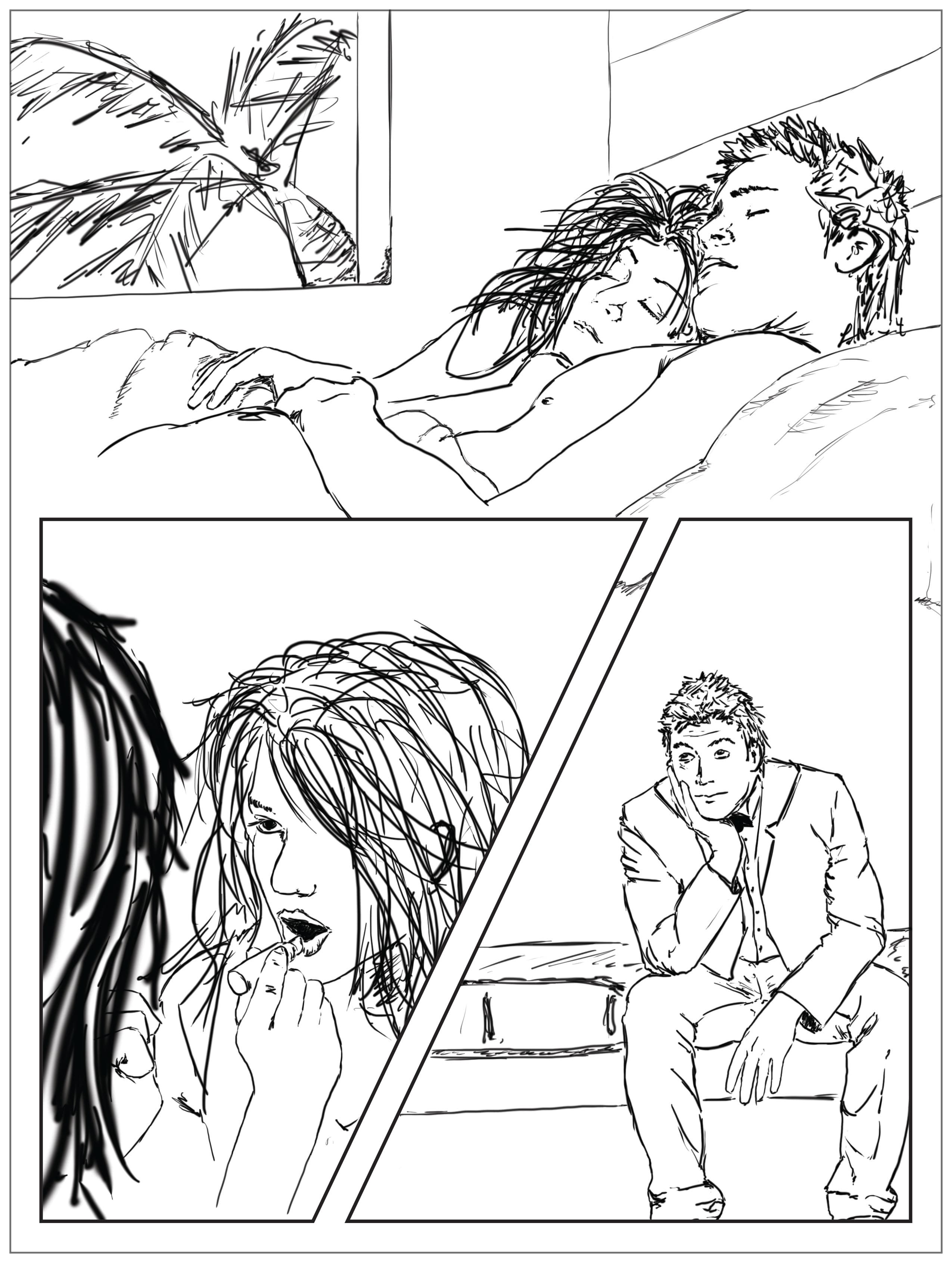 Black-and-white sequential art page showing characters in a bedroom