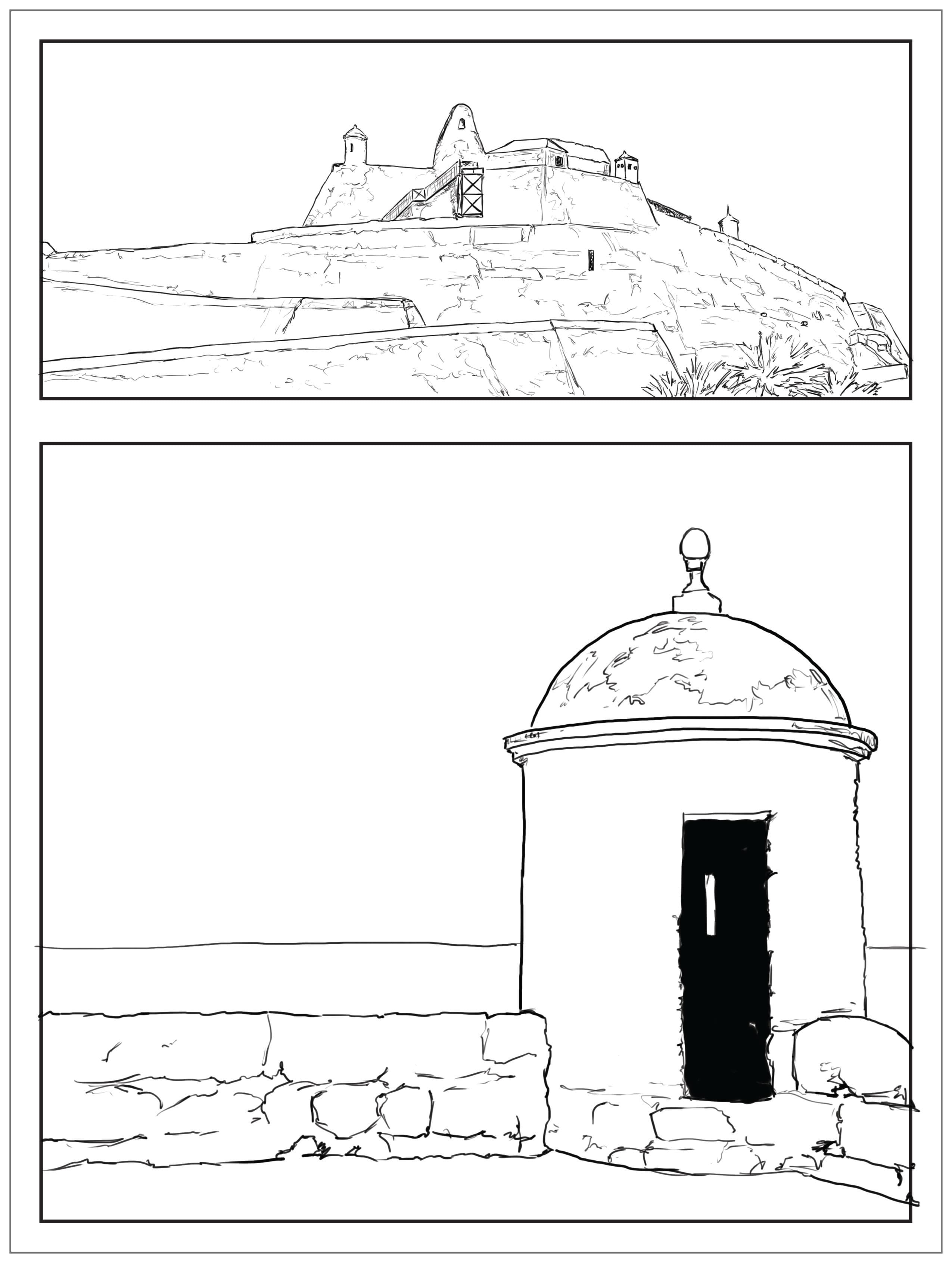 Black-and-white sequential art page showing architectural scenes