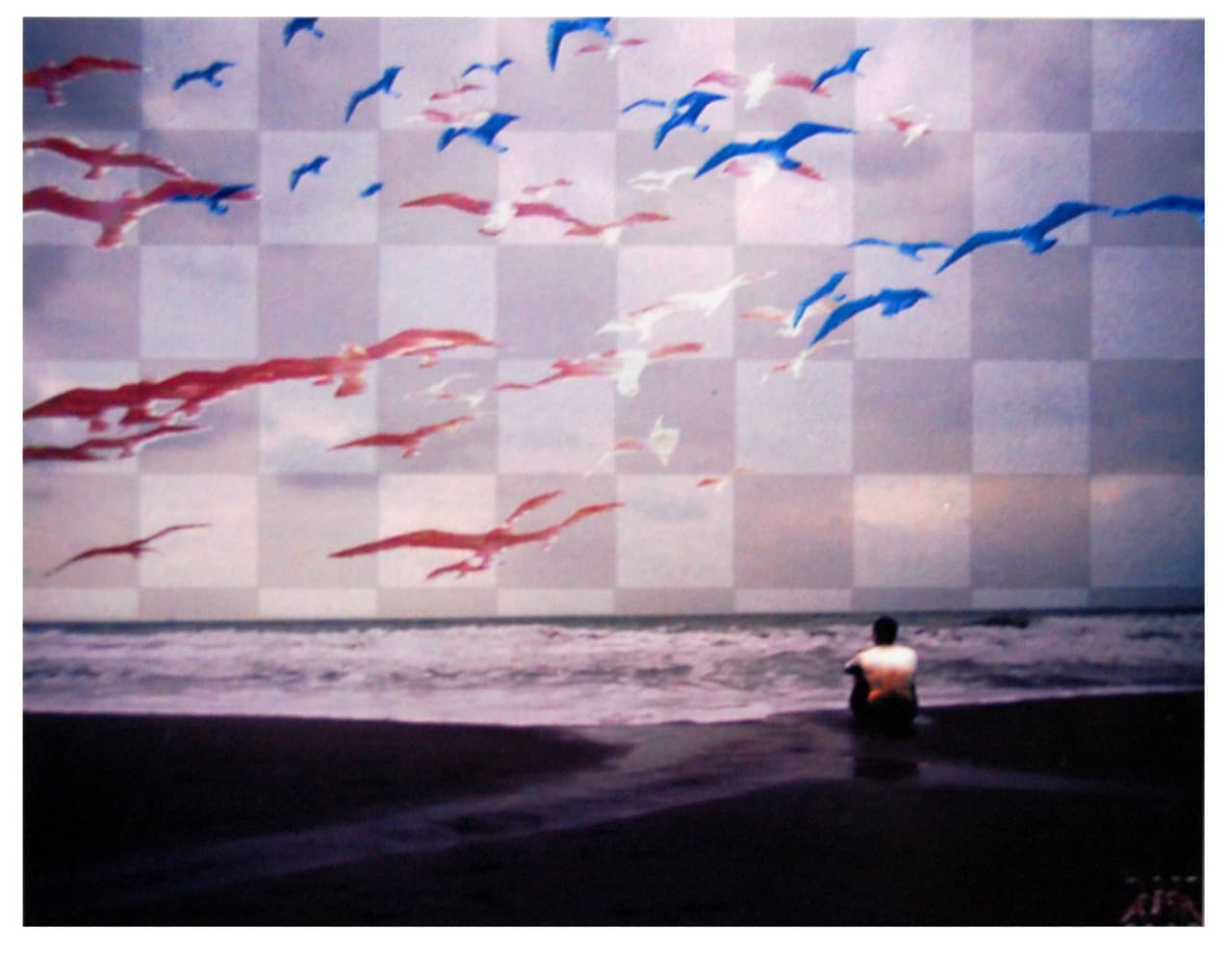 A solitary figure seated by the ocean beneath a patterned sky filled with birds