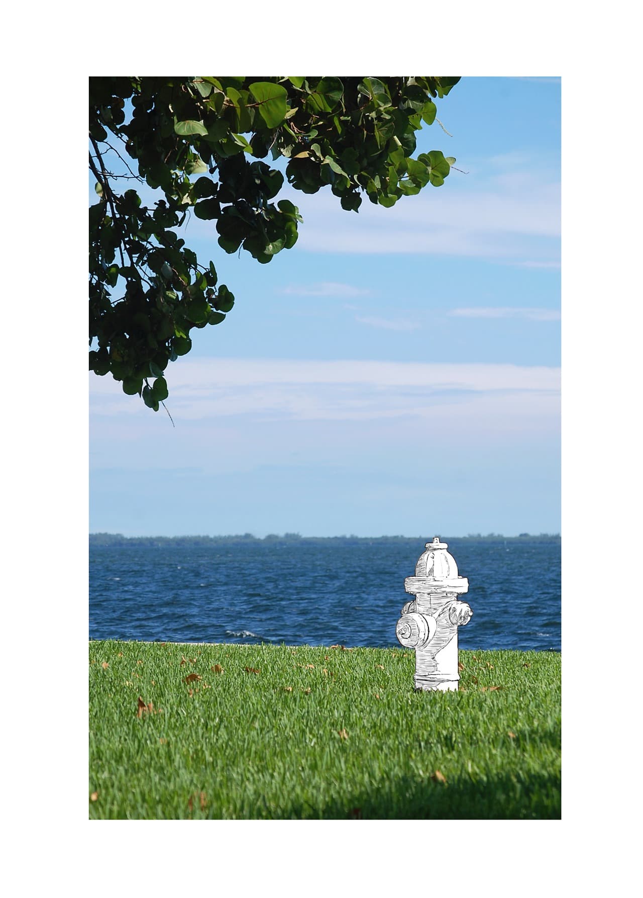 A hand-drawn fire hydrant composited into a waterfront photograph