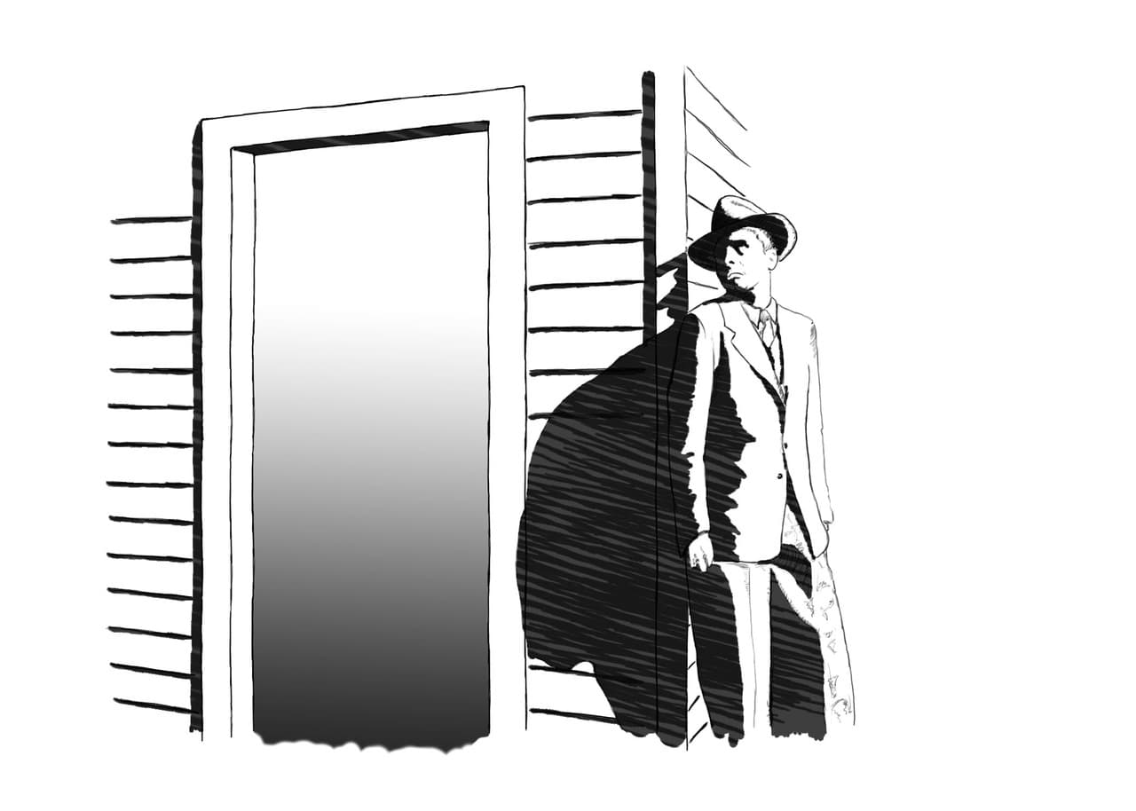 Black-and-white illustration of a suited man standing beside a doorway