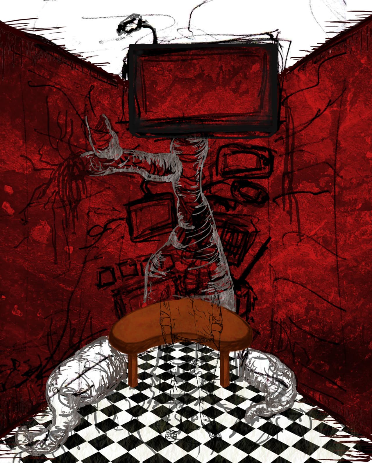 Red and black conceptual illustration of a figure surrounded by screens