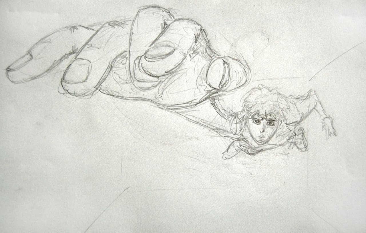 Pencil gesture drawing of a figure reaching toward an enlarged hand