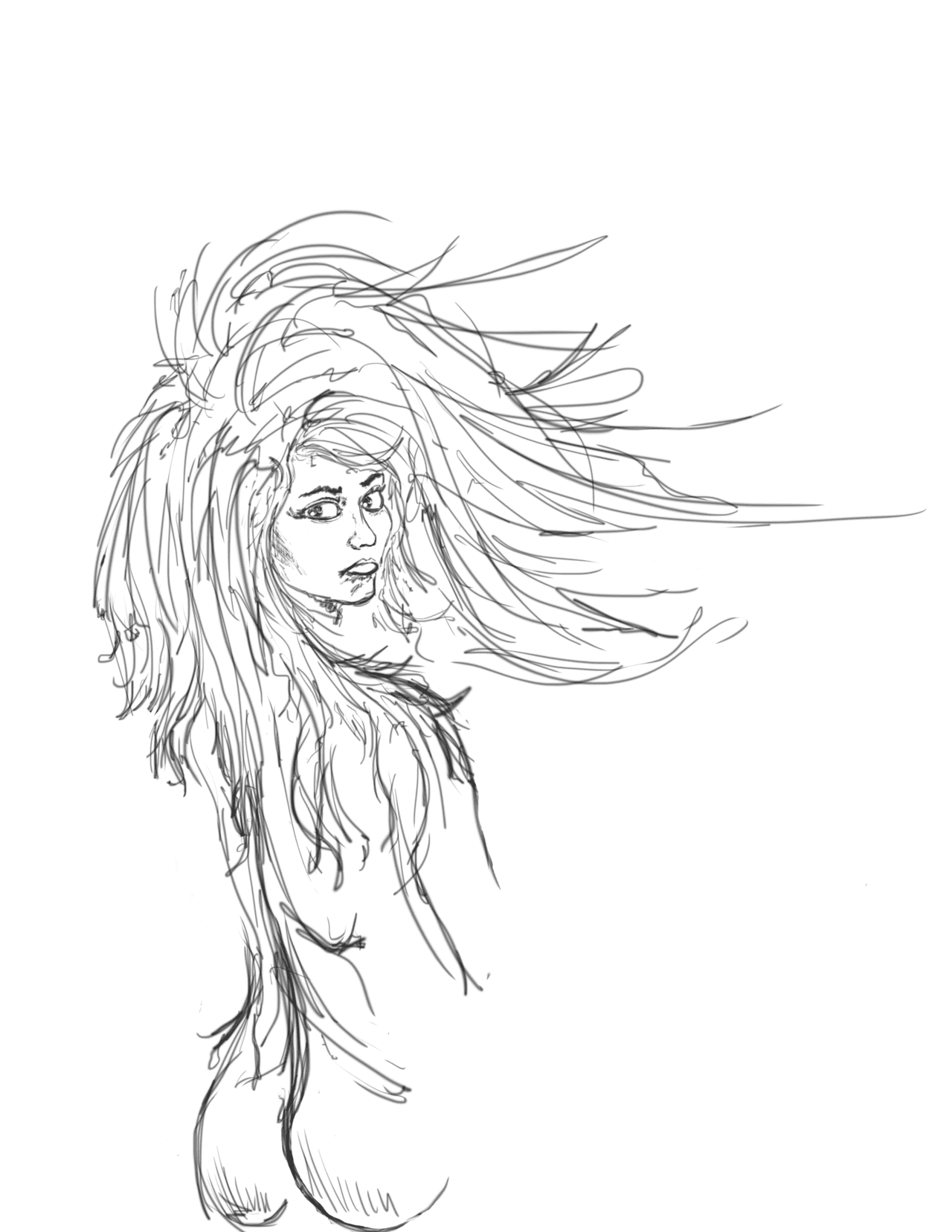Loose digital character sketch of a woman with flowing hair