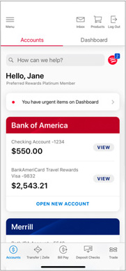 Bank of America app with an integrated entry point into Erica